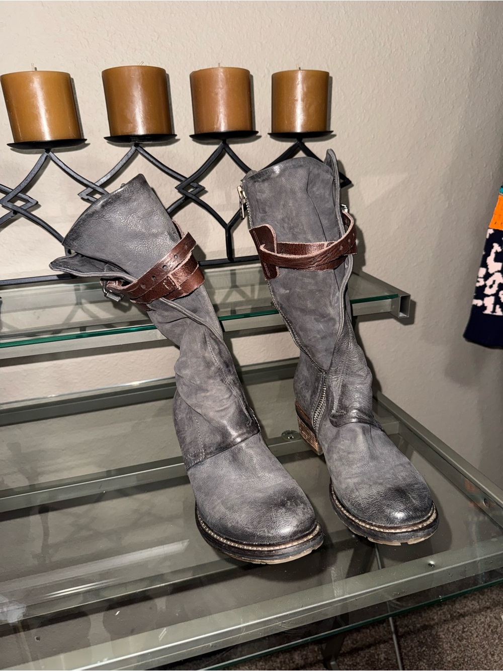 😍Great Used Condition A.S.98 38/8 Gray Leather Mid-Calf Boots with Brown Strap